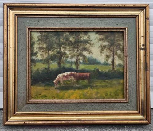 Huile sur panneau vaches signe Fred Thompson, Antiek en Kunst, Kunst | Schilderijen | Klassiek, Ophalen of Verzenden