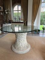 Tafel met natuursteen voet en glazen blad, Huis en Inrichting, Ophalen, Rond, Zo goed als nieuw, Glas