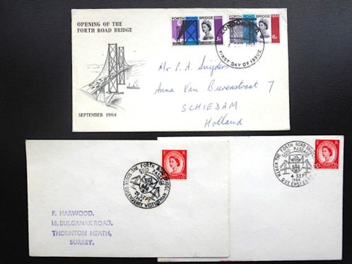 Groot Brittanie : 3 FDC's Forth Road Bridge (1964) brug, Postzegels en Munten, Postzegels | Europa | UK, Ophalen of Verzenden