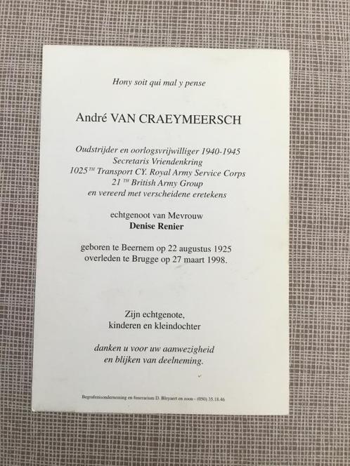 Soldaat oud strijder 21e British ARMY Group.  WOII Beernem, Verzamelen, Bidprentjes en Rouwkaarten, Bidprentje, Verzenden
