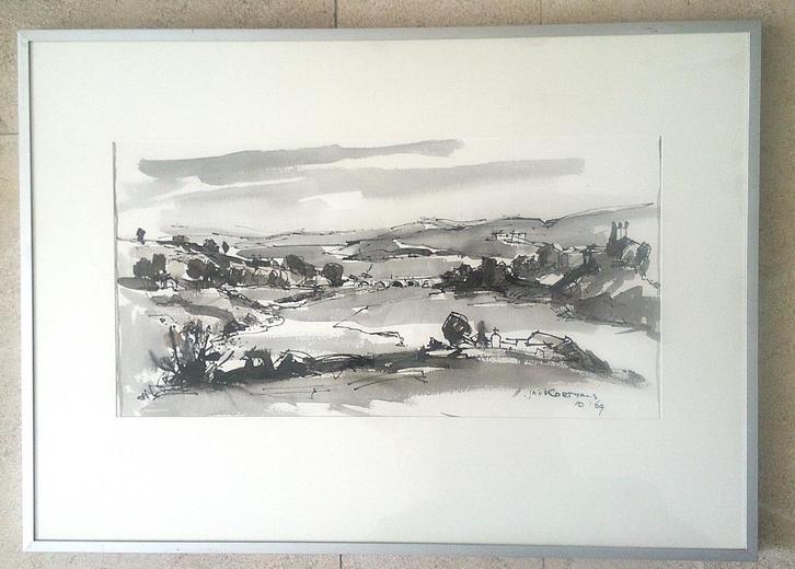 Heuvellandschap met brug 1969 - Jan Korthals 1916-1972, Antiek en Kunst, Kunst | Schilderijen | Klassiek, Ophalen of Verzenden