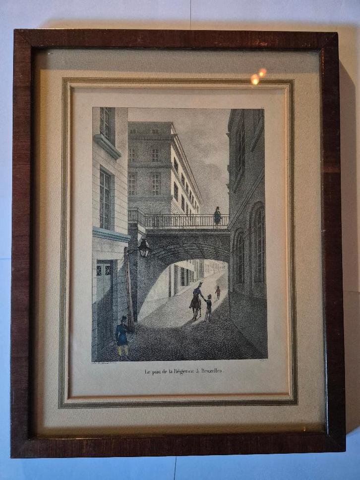 litho ' Le Pont de la Regence a Bruxelles ' 19e eeuw, Antiek en Kunst, Kunst | Litho's en Zeefdrukken, Ophalen of Verzenden