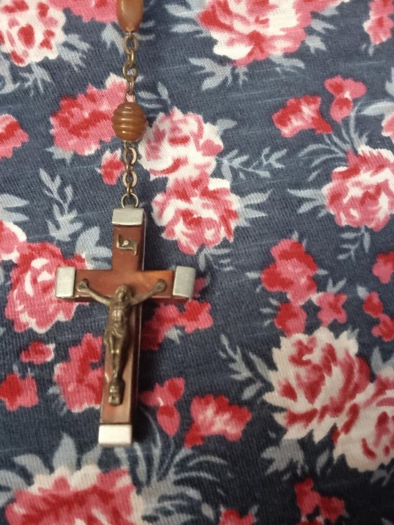 Paternoster rozenkrans 68 cm Jezuskruis + klein Maria-insign, Ophalen of Verzenden, Gebruikt, Sieraad, Christendom | Katholiek