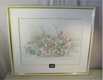 Mooi Geschilderd Aquarel 'Korf met Bloemen' - J Janssen, Antiek en Kunst, Kunst | Schilderijen | Klassiek, Ophalen of Verzenden