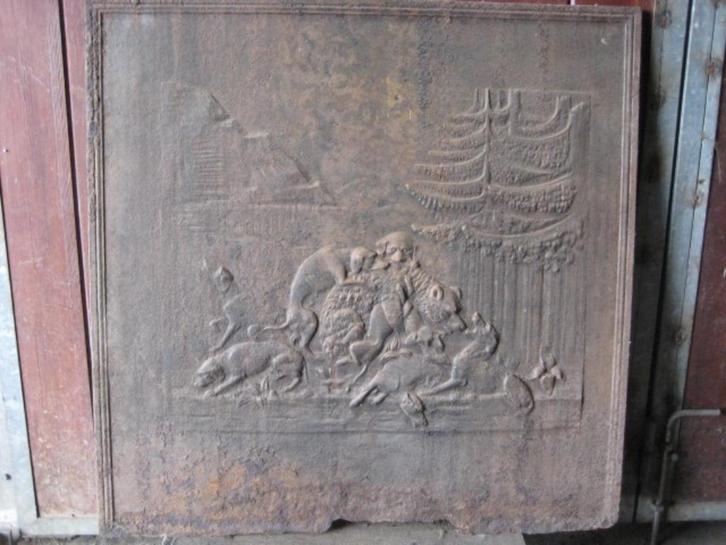 Gietijzer Haardplaat met jacht tafereel komt uit Kasteel., Huis en Inrichting, Haarden, Gebruikt, Ophalen