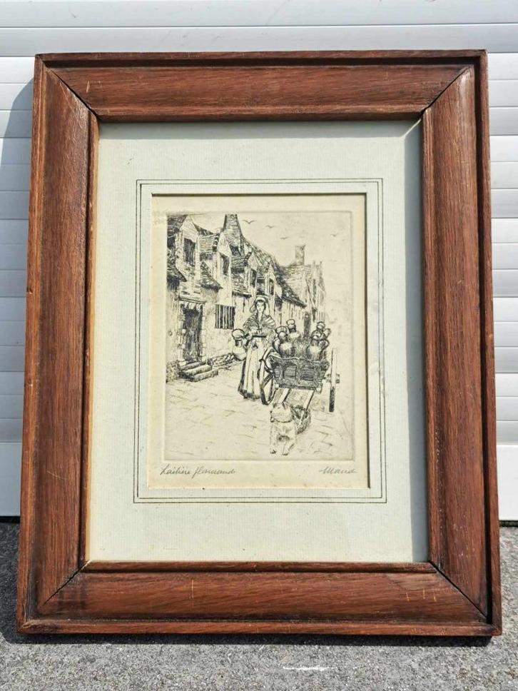 eau forte laitiere flamand signe maud, Antiek en Kunst, Kunst | Etsen en Gravures, Ophalen of Verzenden