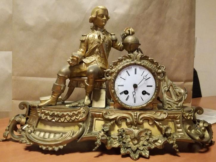 Franse pendule 'Voyage de Laperouse' - bronze doré - antiek, Antiek en Kunst, Antiek | Klokken, Ophalen