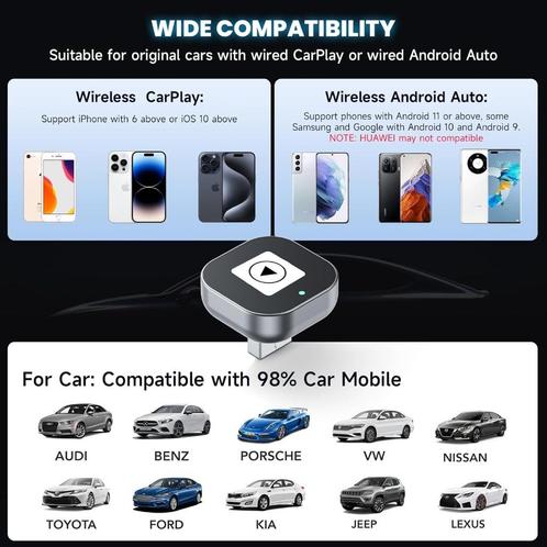 CarPlay & Android Auto sans fil 2 en 1 – Plug & Play, Auto diversen, Autoradio's, Nieuw, Ophalen of Verzenden