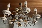 Luster in porselein en koper met 8 armen, Huis en Inrichting, Lampen | Kroonluchters, Ophalen, Gebruikt, Metaal