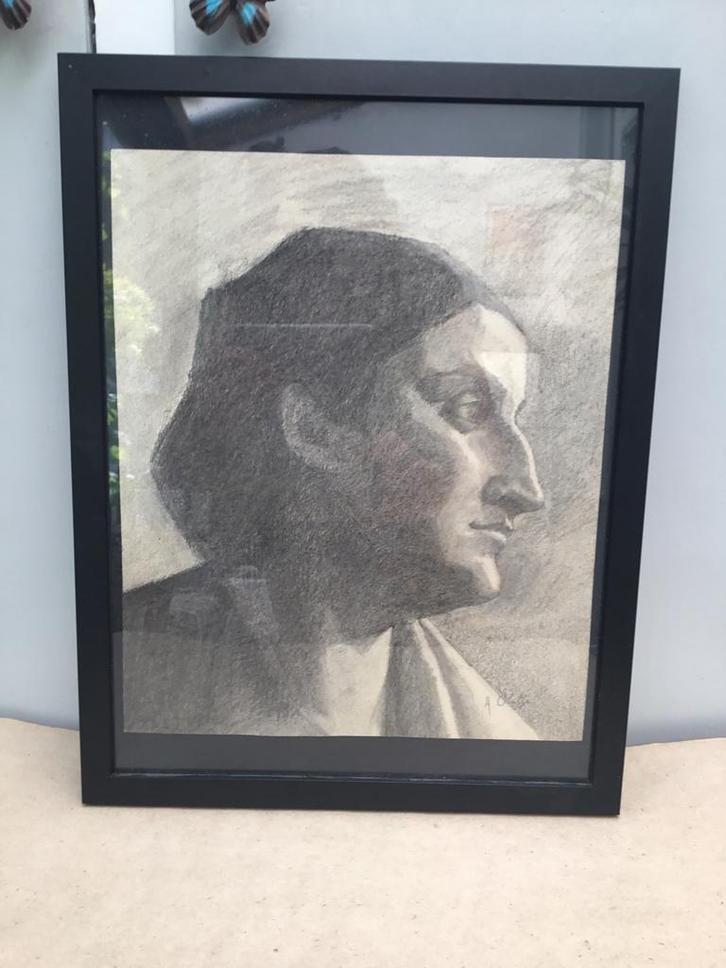 Originele houtskool Auguste Oleffe in kader, Antiek en Kunst, Kunst | Tekeningen en Fotografie, Ophalen of Verzenden