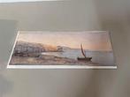 Antiek Aquarel Landschap - Zuid-Europese Kustlijn - 19e Eeuw, Antiek en Kunst, Ophalen of Verzenden