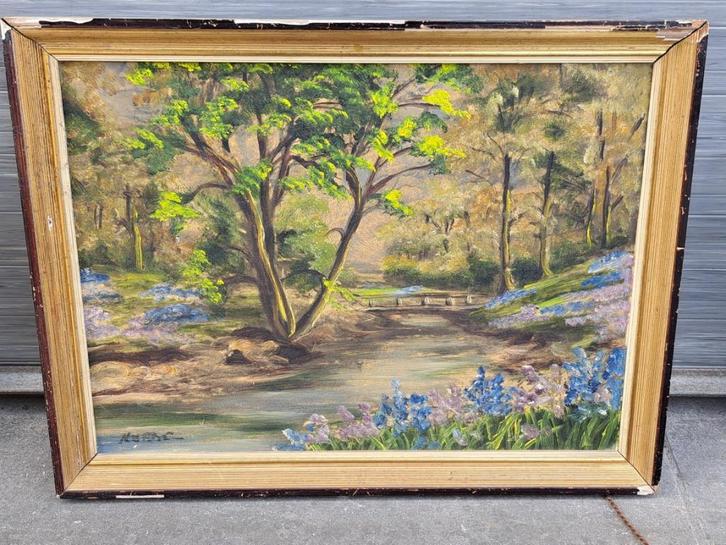 huile sur panneau sous bois avec un pont signe, Antiek en Kunst, Kunst | Schilderijen | Klassiek, Ophalen of Verzenden