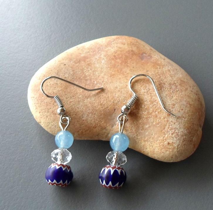 Nieuwe rosetta, kristal en aquamarijn oorbellen, Handtassen en Accessoires, Oorbellen, Nieuw, Hangers, Glas, Blauw, Met edelsteen