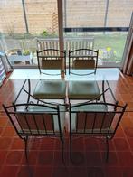 tafel en 4 stoelen smeedijzer en glas, Huis en Inrichting, Tafels | Eettafels, Glas, Ophalen