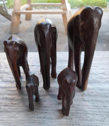 Familie van 5 houten olifanten  beschikbaar voor biedingen
