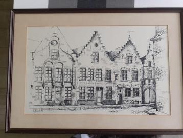 Originele Inkttekening - Brugge - door R. Hurtecant beschikbaar voor biedingen