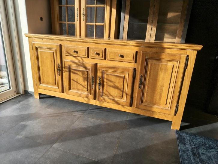 Eikenhouten vitrinekast + dressoirset, Huis en Inrichting, Complete eetkamers, Gebruikt, Ophalen