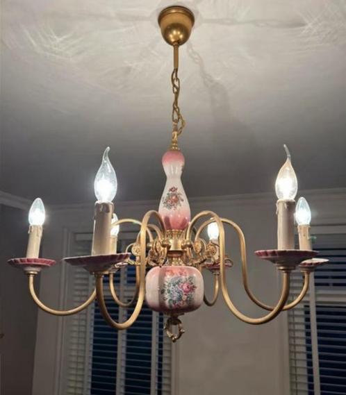 1940-1950 kroonluchter antiek italie Porselein roze bloemen, Huis en Inrichting, Lampen | Kroonluchters, Gebruikt, Ophalen of Verzenden