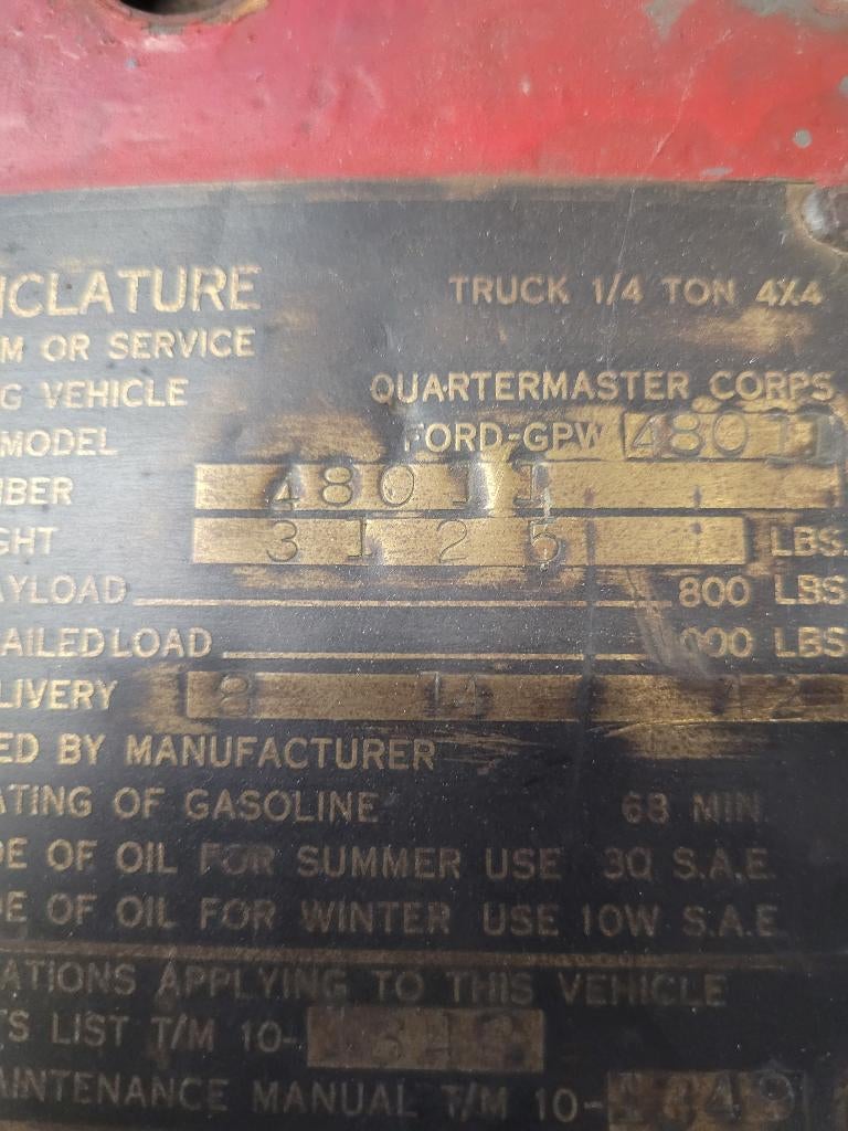 Jeep ford gpw data plate, Enlèvement ou Envoi, Armée de terre, Autres types