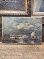 École française, vue animée d'un port, huile sur toile,, Antiquités & Art, Enlèvement ou Envoi
