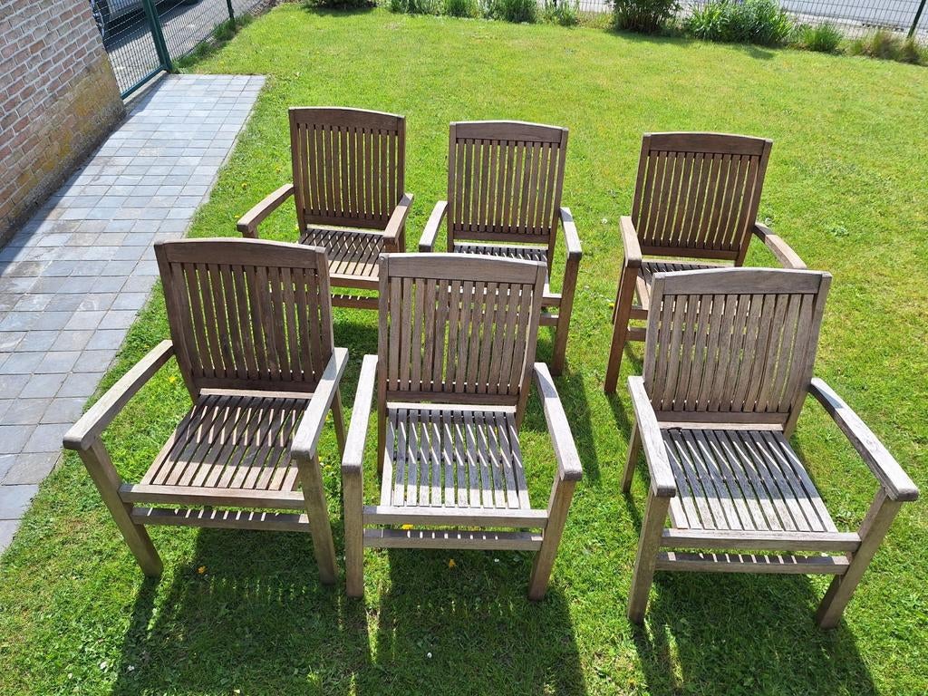6 teak stoelen, Tuin en Terras, Ophalen, Gebruikt, 6 zitplaatsen, Teakhout