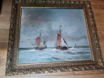 Vintage olieverfschilderij op paneel zeilboten. beschikbaar voor biedingen