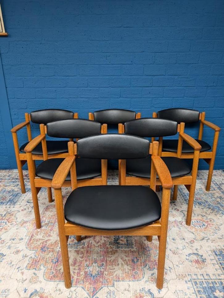6x Vintage Deens design stoelen, FDB Mobler, Huis en Inrichting, Stoelen, Vijf, Zes of meer stoelen, Hout, Leer, Ophalen