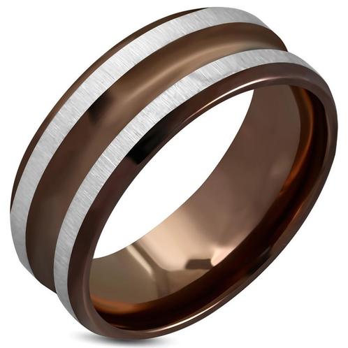 Gestreepte herenring in bruin chirurgisch staal, Handtassen en Accessoires, Ringen, Nieuw, Heer, Bruin, IJzer of Staal, Ophalen of Verzenden