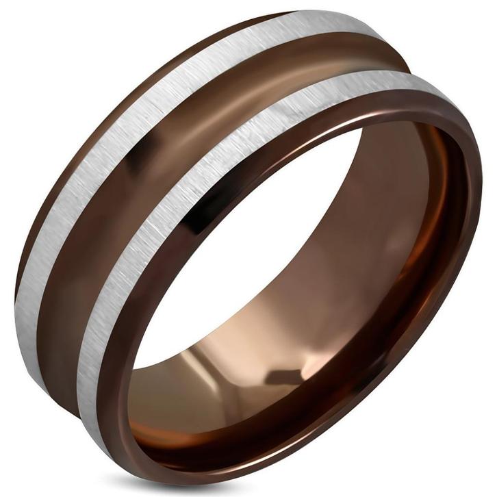 Gestreepte herenring in bruin chirurgisch staal, Handtassen en Accessoires, Ringen, Nieuw, Heer, Bruin, IJzer of Staal, Ophalen of Verzenden