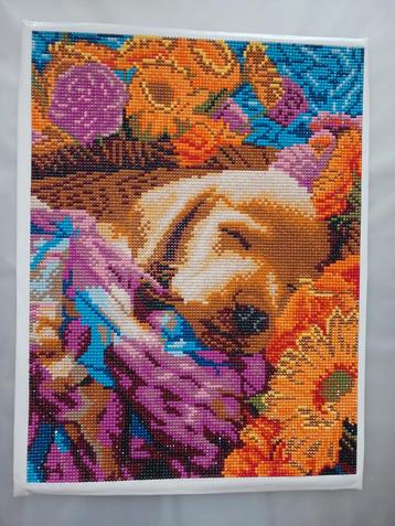 Afgewerkte diamond painting 'Slapende pup' beschikbaar voor biedingen