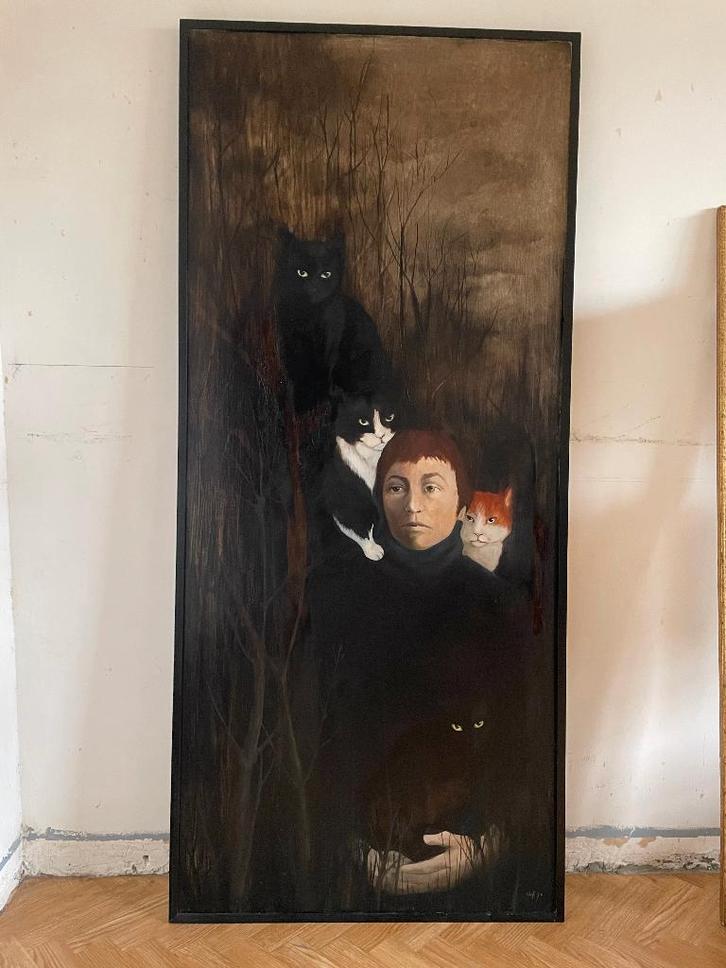 Groot surrealistisch schilderij Dame met Katten, Antiek en Kunst, Kunst | Schilderijen | Klassiek, Ophalen
