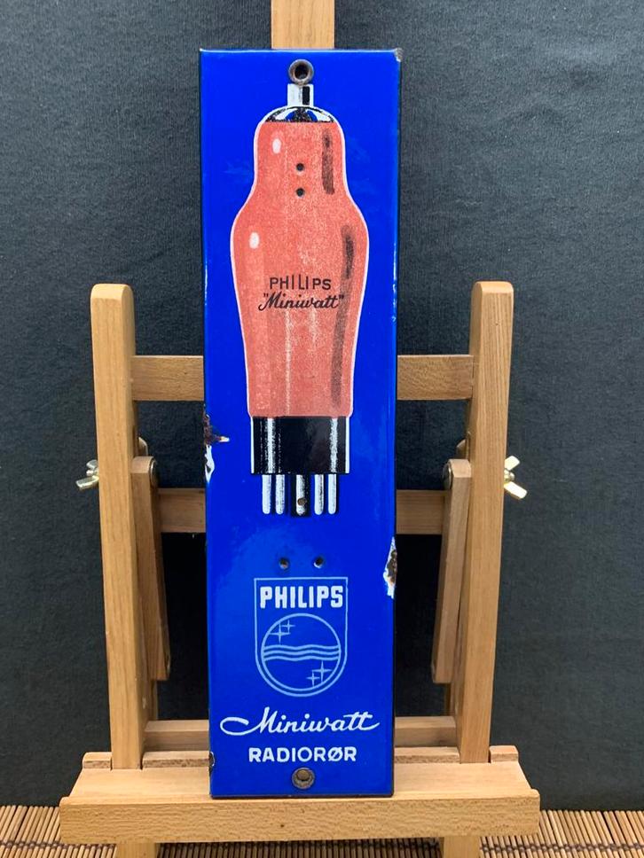 Emaille reclamebordje PHILIPS MINIWATT RADIORØR jaren20-30, Verzamelen, Merken en Reclamevoorwerpen, Gebruikt, Reclamebord, Ophalen
