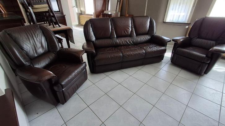 bruin lederen salon, Huis en Inrichting, Zetels | Zetels, Gebruikt, Rechte bank, Vierpersoons of meer, Leer, Ophalen