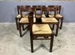 6 houten stoelen gevlochten zitting Vintage Seventies, Huis en Inrichting, Stoelen, Vijf, Zes of meer stoelen, Riet of Rotan, Gebruikt