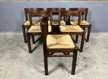 6 houten stoelen gevlochten zitting Vintage Seventies