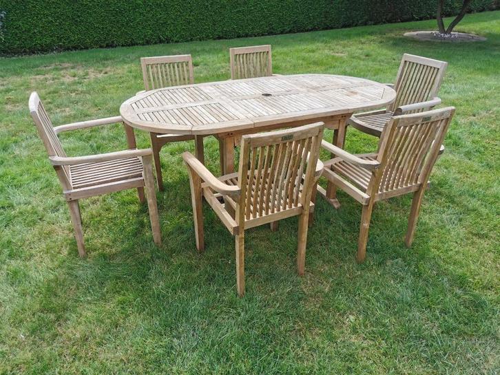 teak tuinset, tafel + 6 stoelen, Tuin en Terras, Tuinsets en Loungesets, Zo goed als nieuw, Tuinset, Teakhout, Ophalen
