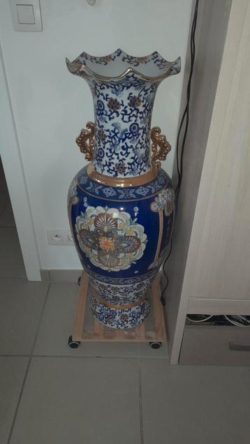 Sublime grand vase decoratif bleu azur floral 1m de hauteur