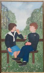 Suzanne Dufoing (1930-2017): A deux sur un banc (41x71cm), Enlèvement ou Envoi