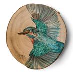 Tekening ijsvogel op houten boomstamschijf, Ophalen of Verzenden