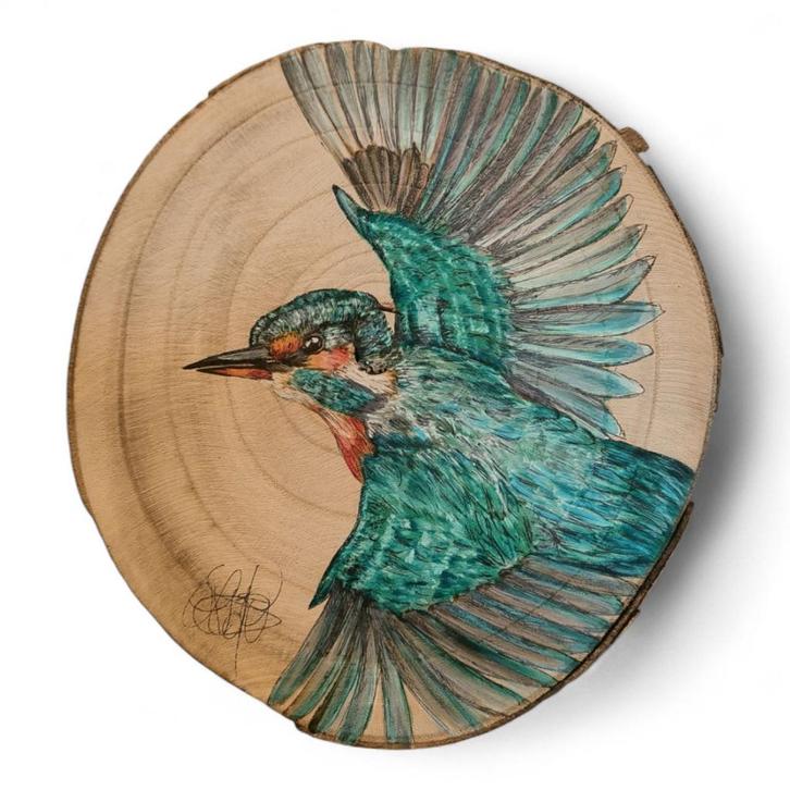 Martin-pêcheur dessinant sur disque de tronc d'arbre, Antiquités & Art, Art | Dessins & Photographie, Enlèvement ou Envoi