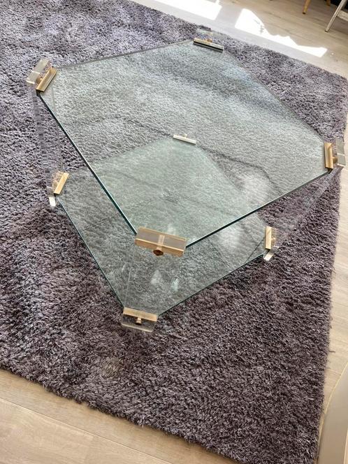 Vierkante glazen tafel met 2 niveaus, einde van de bank, Huis en Inrichting, Tafels | Salontafels, Zo goed als nieuw, Glas, Ophalen