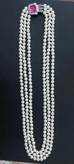 Collier 3 rangs perles fermoir strass argenté et rose, Bijoux, Sacs & Beauté, Colliers, Enlèvement, Utilisé, Blanc, Avec strass