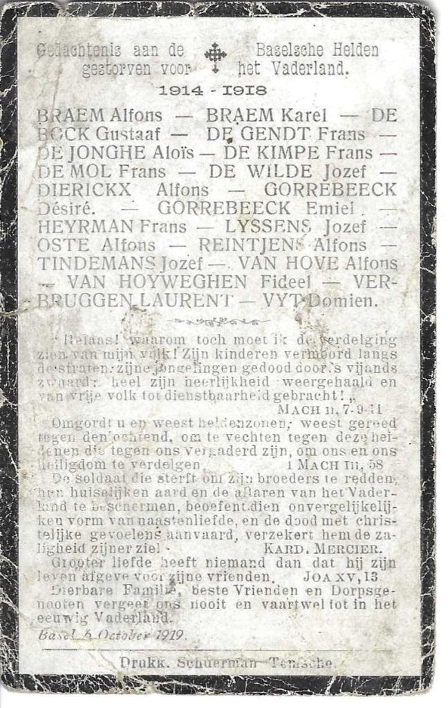 RP Gedachtenis Baselsche Helden 1914-1918, Verzamelen, Bidprentjes en Rouwkaarten, Verzenden