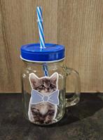 Mug verre avec anse chat couvercle et paille, Huis en Inrichting, Keuken | Servies, Ophalen of Verzenden, Gebruikt, Glas, Glas of Glazen