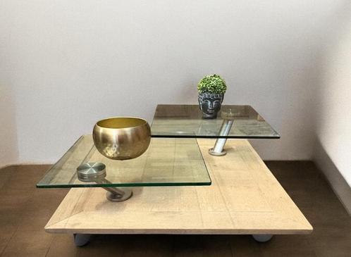 Eikenhouten salontafel met aerogumme draaibare glazen bladen, Antiek en Kunst, Antiek | Meubels | Tafels, Ophalen