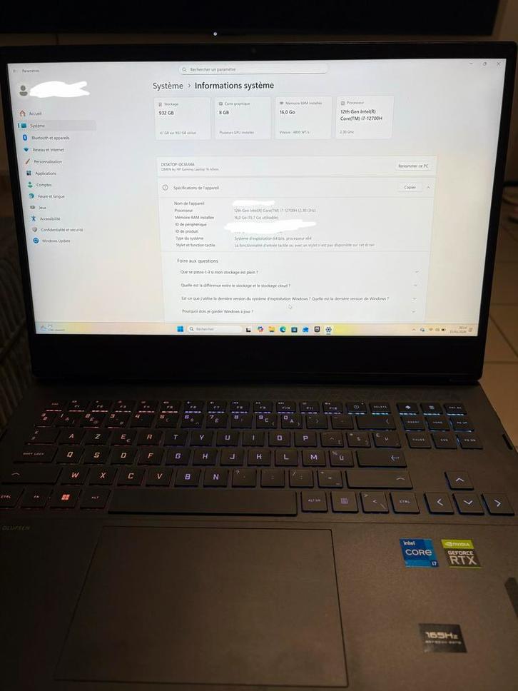 Pc gamer portable, Computers en Software, Windows Laptops, Zo goed als nieuw, 16 inch, SSD, 4 Ghz of meer, 16 GB, Azerty, Met videokaart