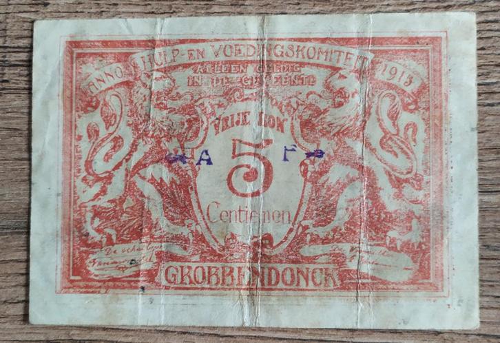5 centiemen Grobbendonck 1915 - Noodgeld, Verzamelen, Militaria | Algemeen, Overige soorten, Kunstobject, Ophalen of Verzenden