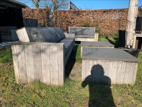mooie tuinset in tropisch hardhout, Tuin en Terras, Tuinsets en Loungesets, Gebruikt, Tuinset, Hardhout, 7 zitplaatsen, Bank, Bijzettafel