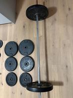 halterstang + 108 kg gewichtschijven, Sport en Fitness, Ophalen, Gebruikt, Halterschijven