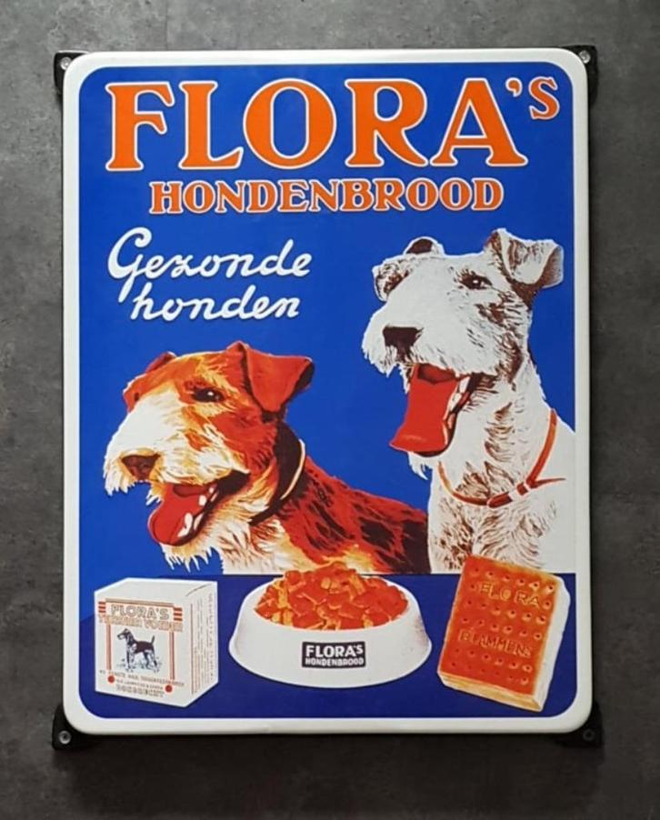 Flora's hondenbrood retro emaillen reclame decoratie bord, Verzamelen, Merken en Reclamevoorwerpen, Zo goed als nieuw, Reclamebord